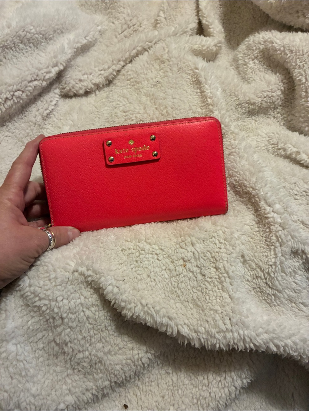 kate spade bright coral zip-around wallet with gold plaque